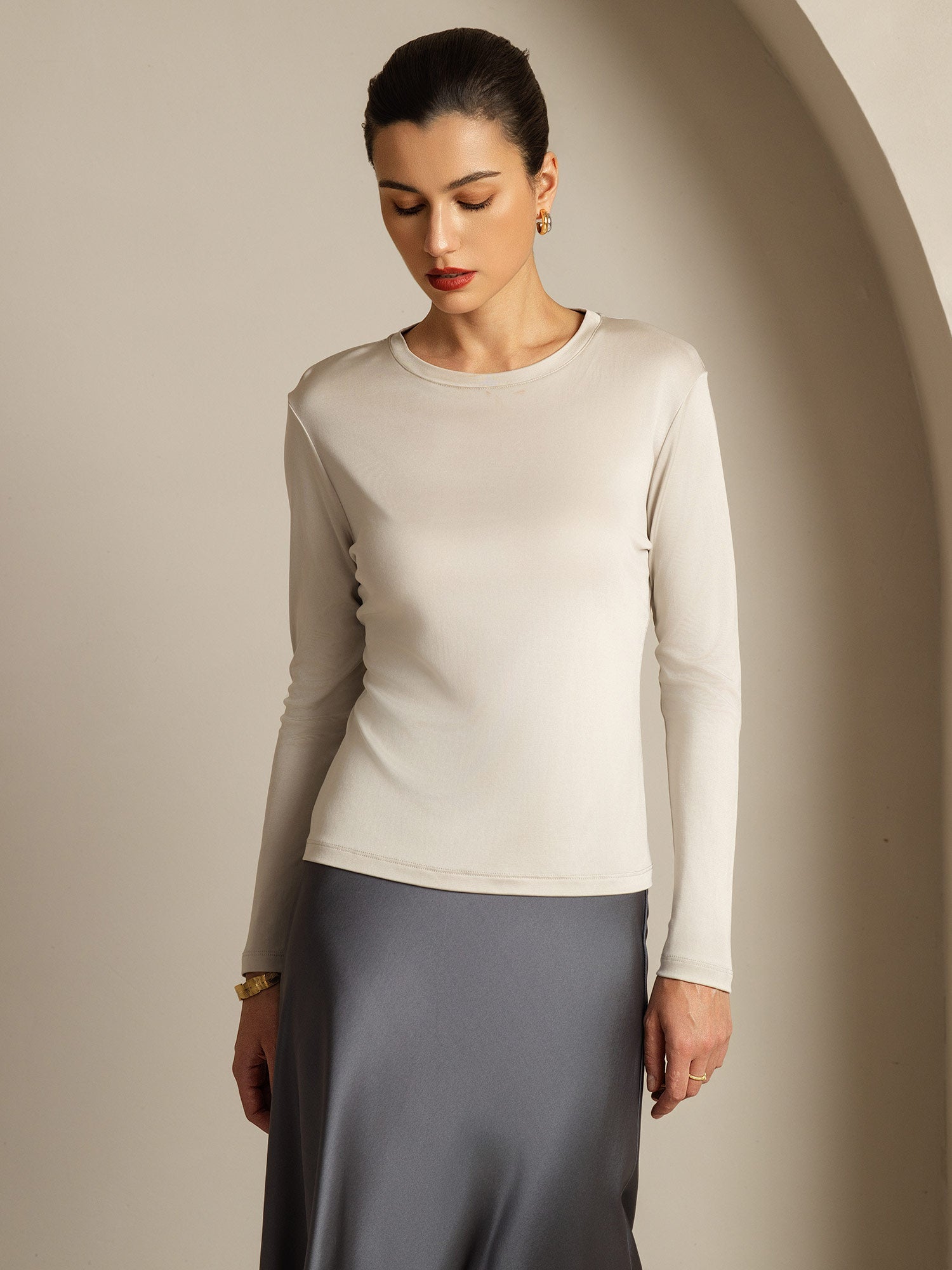 [Gray] SilkSilky-UK 100% Silk Jersey Long Sleeve Crew Neck Women's T-Shirt 001