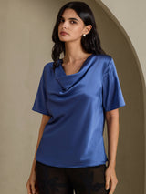 [Real Teal] SilkSilky-UK Short Sleeve Cowl Neck Women's Blouse 001