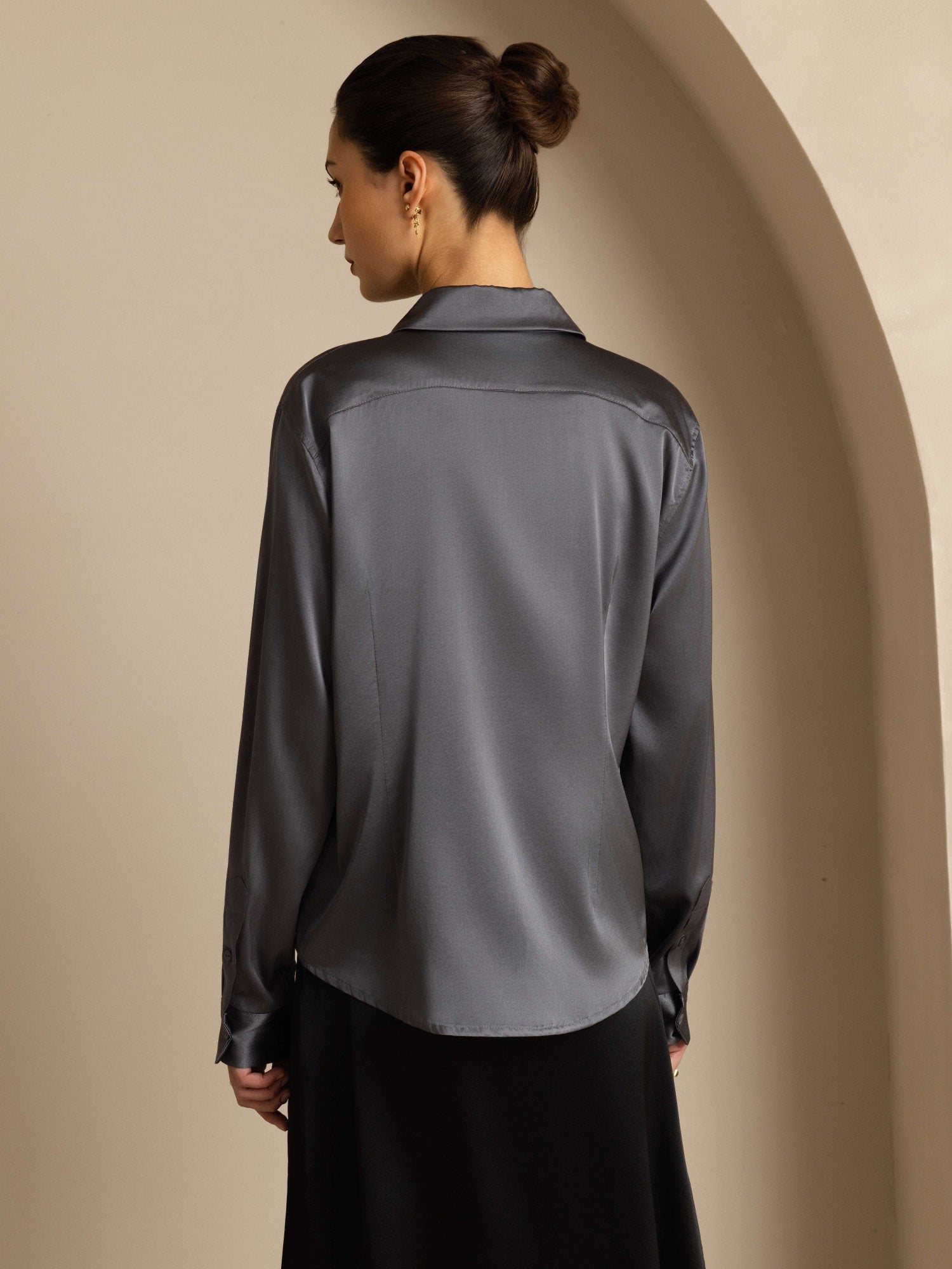 [Dark Gray] SilkSilky-UK 19Momme Stretch Silk Charmeuse Long Sleeve Lapel Collar Women's Shirt 002