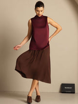[Dark Red] SilkSilky-UK 19Momme Stretch Silk Charmeuse Sleeveless Tie Neck Blouse 010