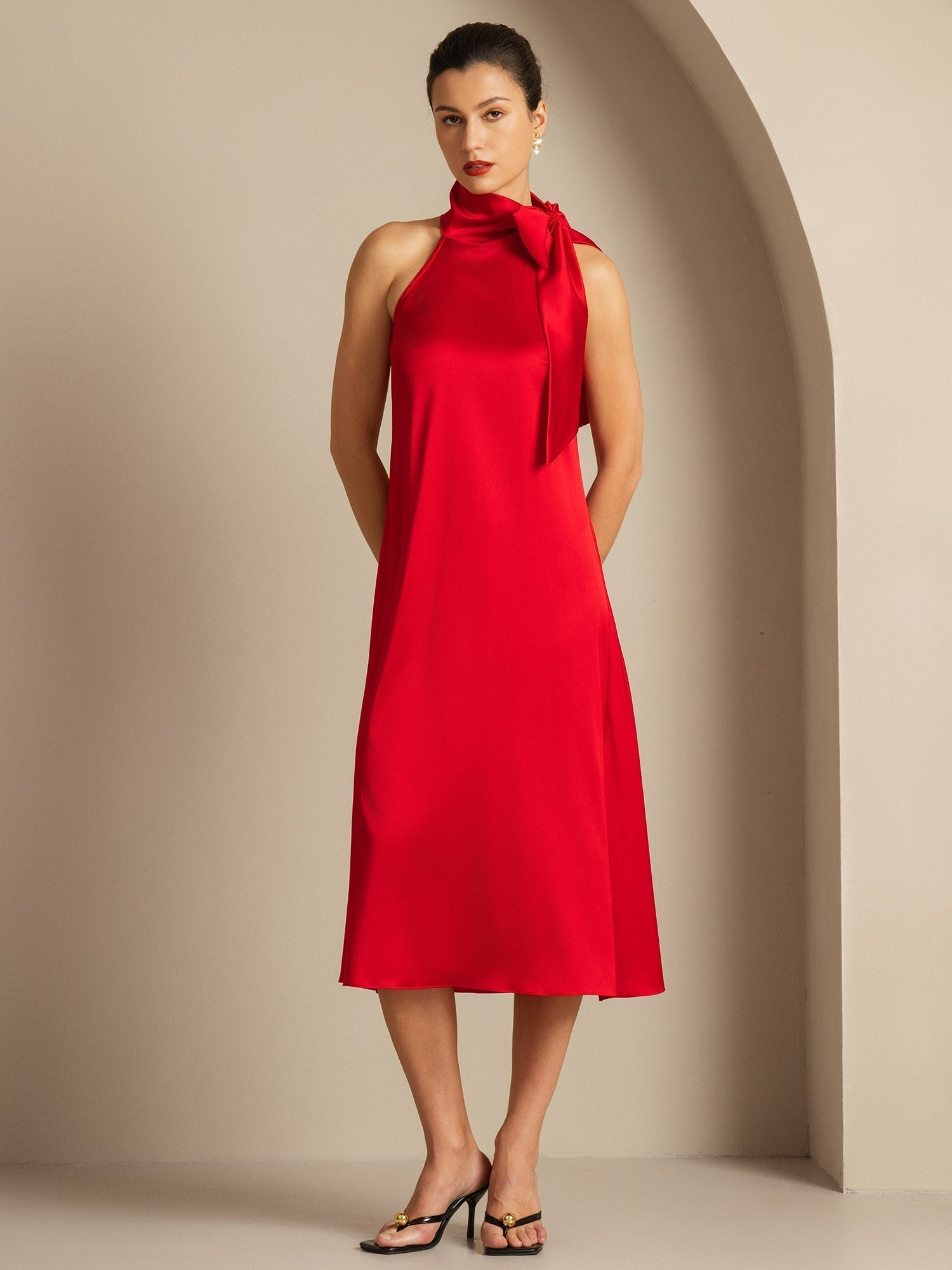 [Red] SilkSilky-UK 19Momme Silk Tie Neck Dress 001,