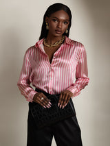 [Pink Stripe] SilkSilky-UK Long Sleeve Lapel Collar Women's Shirt 006