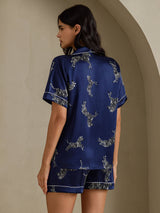 [Navy Zebra] SilkSilky-UK Short Sleeve Lapel Collar Women's Pyjamas 002