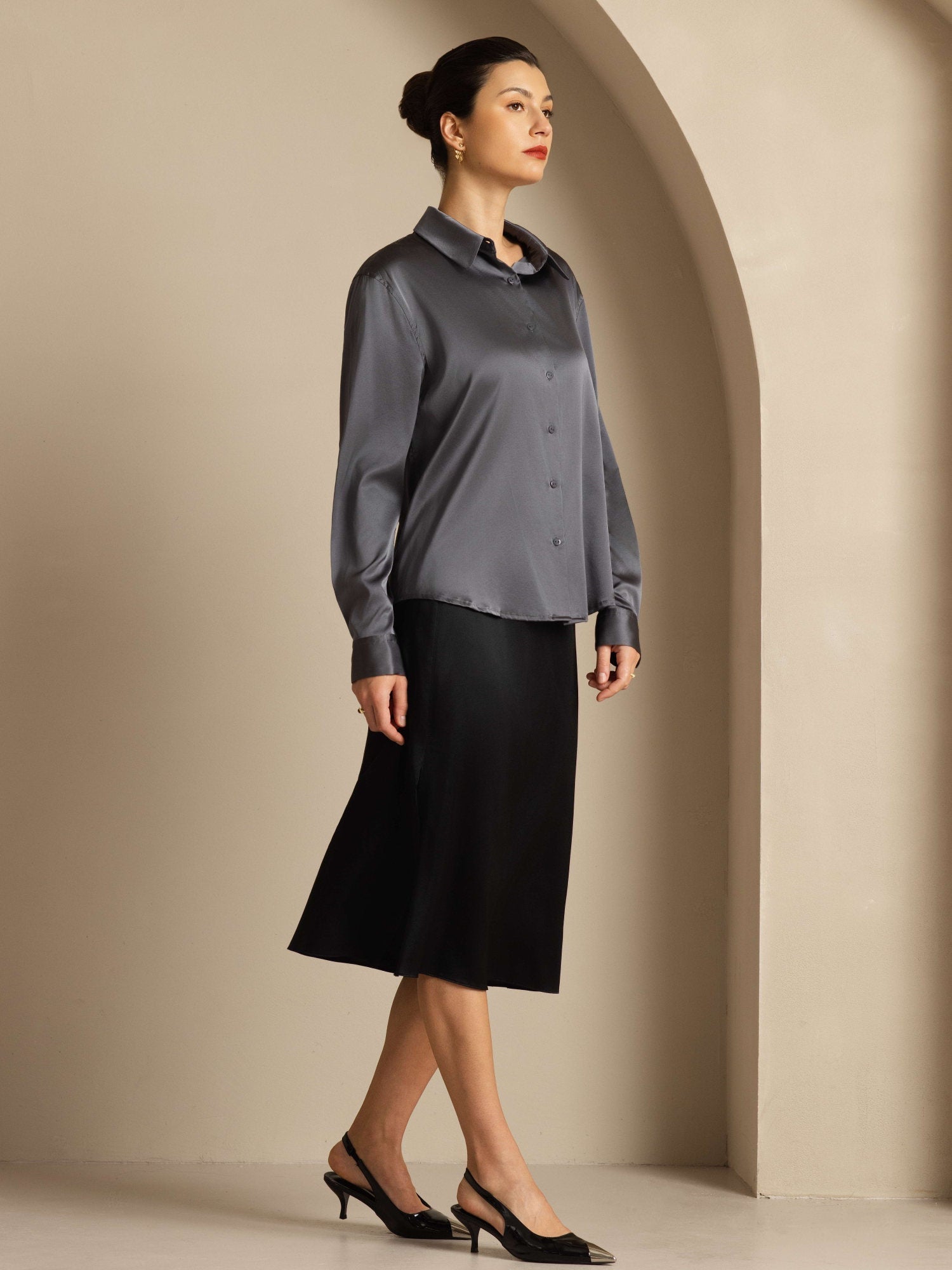 [Dark Gray] SilkSilky-UK 19Momme Stretch Silk Charmeuse Long Sleeve Lapel Collar Women's Shirt 004