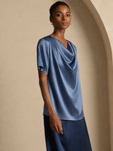 [Real Teal] SilkSilky-UK Short Sleeve Cowl Neck Women's Blouse 004