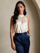 [Beige] SilkSilky-UK Sleeveless Halter Women's T-Shirt 001