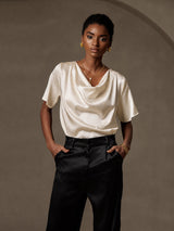 [Beige] SilkSilky-UK Short Sleeve Cowl Neck Women's Blouse 003