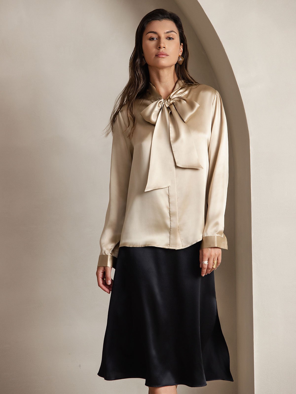 [Champagne] SilkSilky-UK 19Momme Stretch Silk Charmeuse Long Sleeve Tie Neck Blouse 001