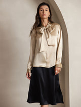[Champagne] SilkSilky-UK 19Momme Stretch Silk Charmeuse Long Sleeve Tie Neck Blouse 001