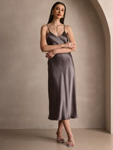[Dark Khaki] SilkSilky-UK Spaghetti Strap V Neck Dress 005