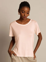 [Light Pink] SilkSilky-UK 100% Silk Jersey Short Sleeve Round Neck Women's T-Shirt 003