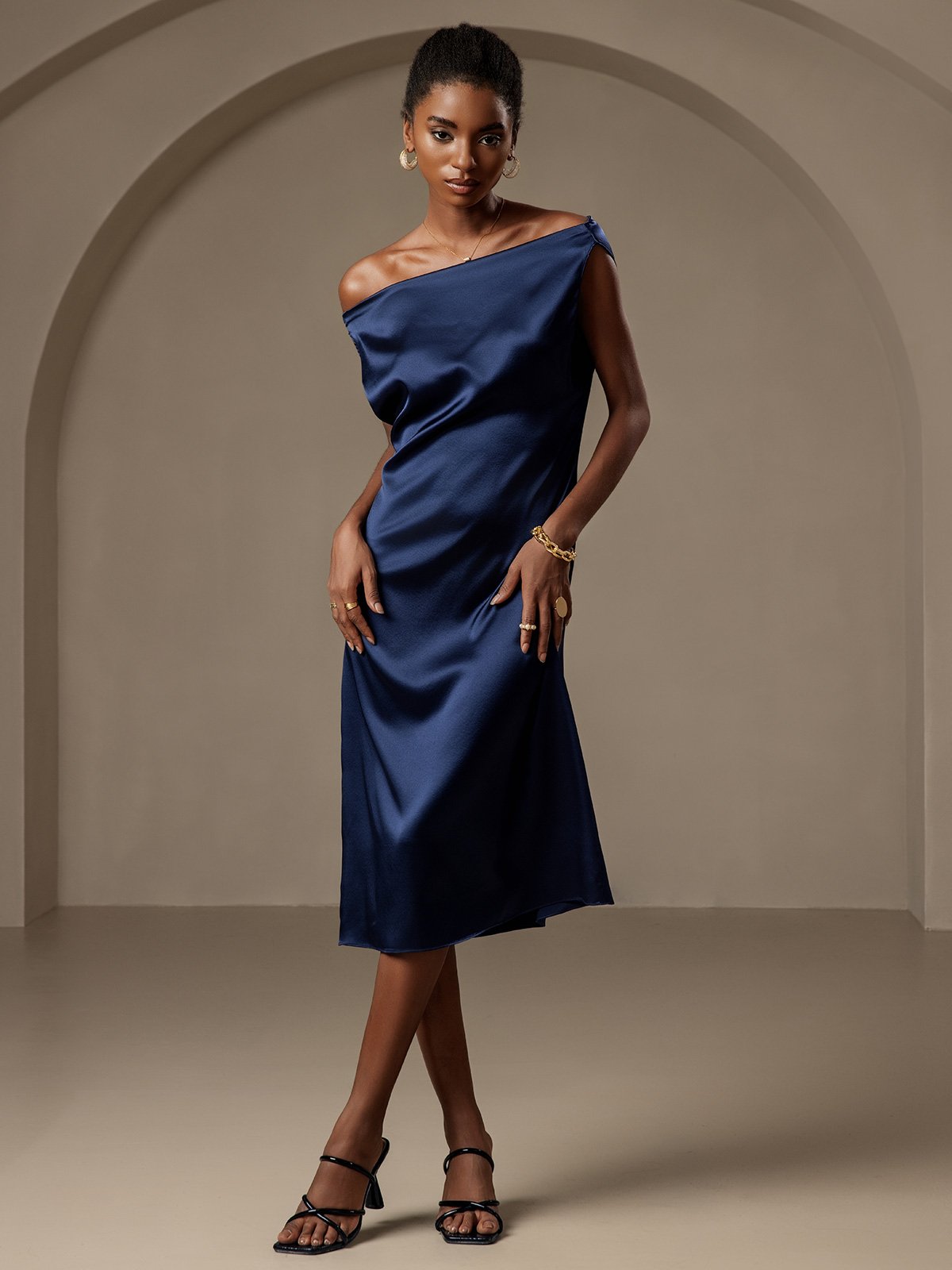 [Dark Blue] SilkSilky-UK 19Momme Sleeveless Cowl Neck Dress 007