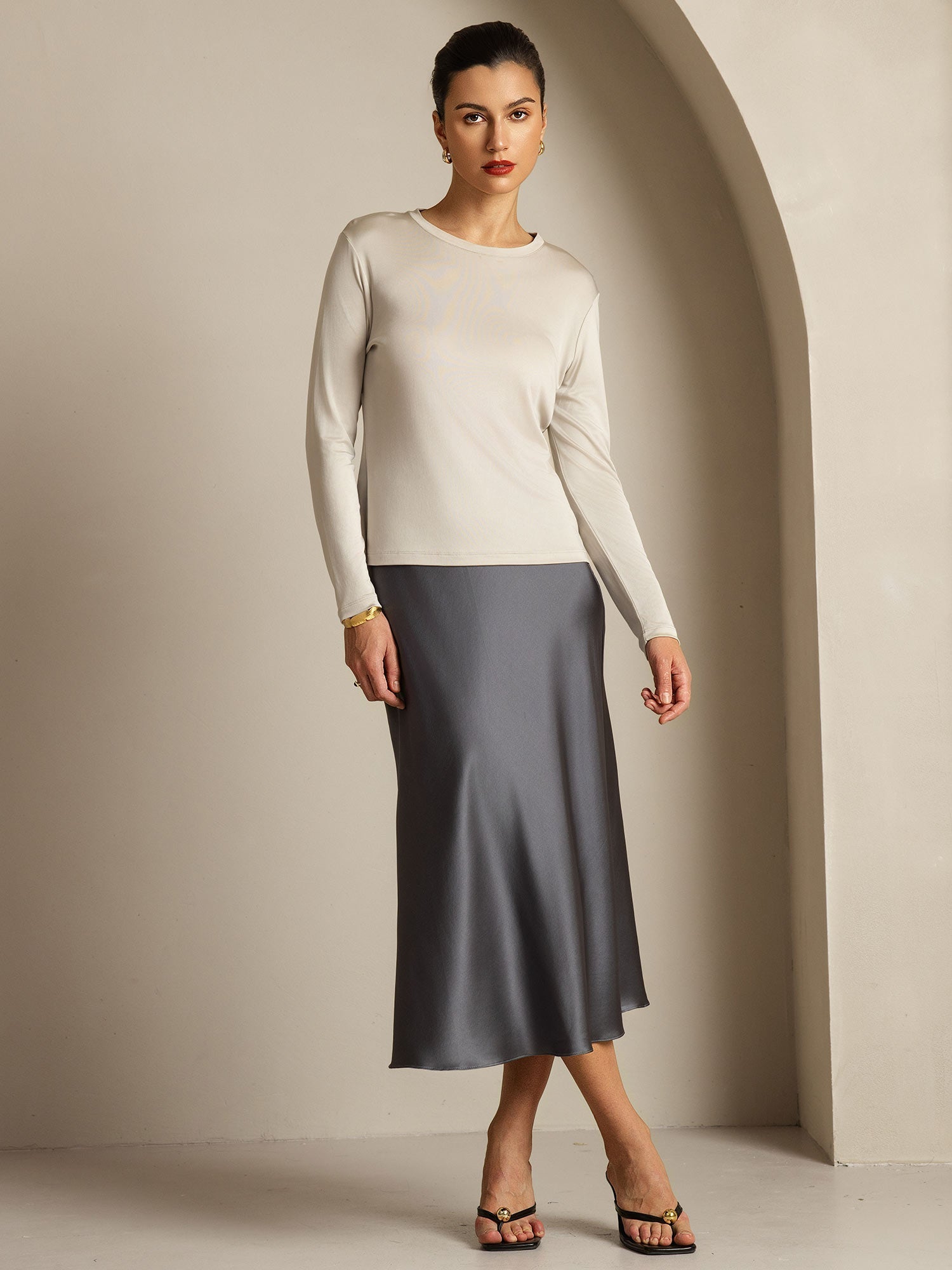 [Gray] SilkSilky-UK Pure Silk Womens T-Shirt 009,