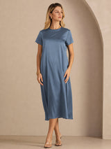 [Real Teal] SilkSilky-UK Short Sleeve Crew Neck Dress 005