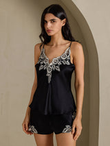 [Black] SilkSilky-UK Spaghetti Strap V Neck Camisole Set 003