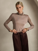 [Khaki] SilkSilky-UK Silk Jersey Long Sleeve Turtle Neck Women's T-Shirt 003
