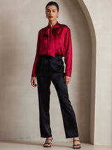 [Wine] SilkSilky-UK 19Momme Stretch Silk Charmeuse Long Sleeve Tie Neck Blouse 003