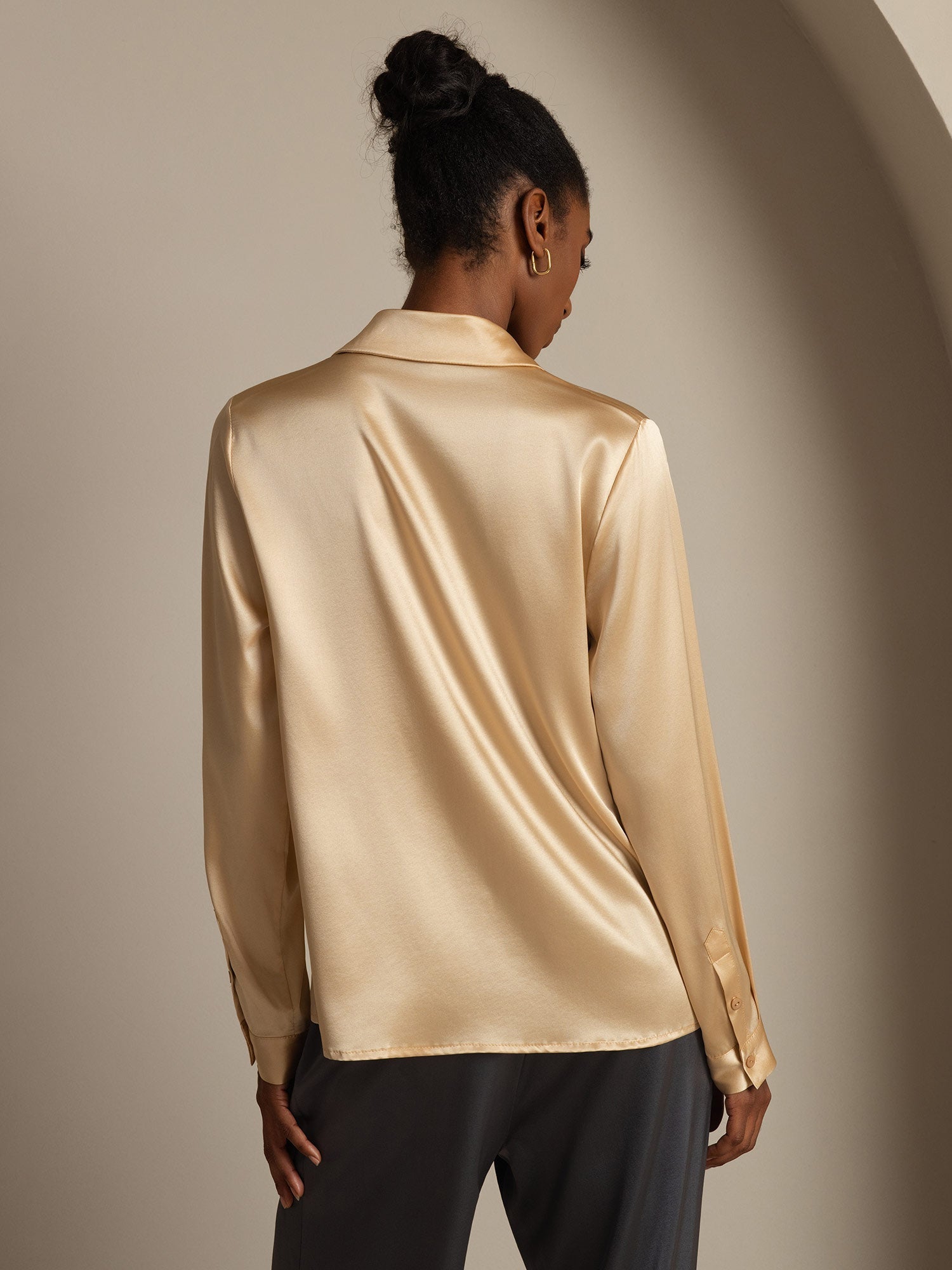 [Champagne] SilkSilky-UK 19Momme Silk Long Sleeve Collar Women's Shirt 003