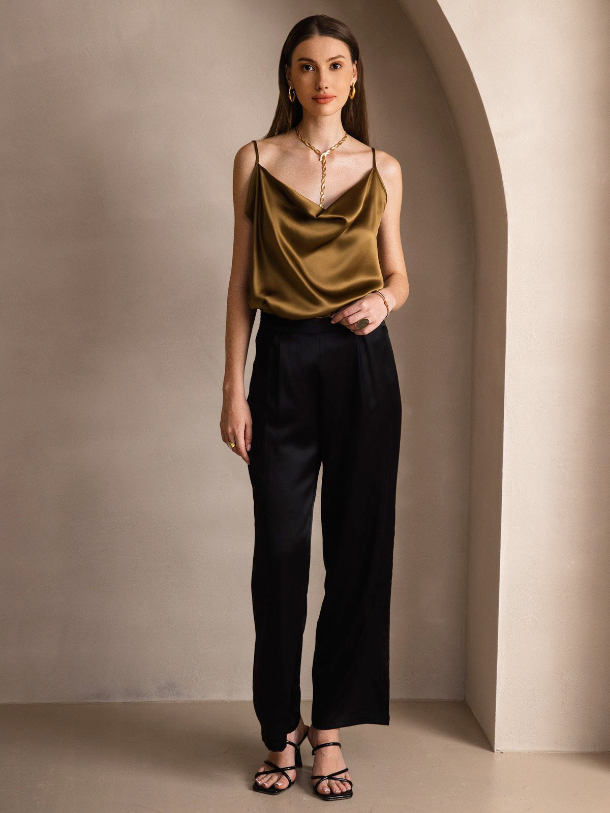 [Brown] SilkSilky-UK 19Momme Stretch Silk Charmeuse Spaghetti Strap Cowl Neck Camisole 006