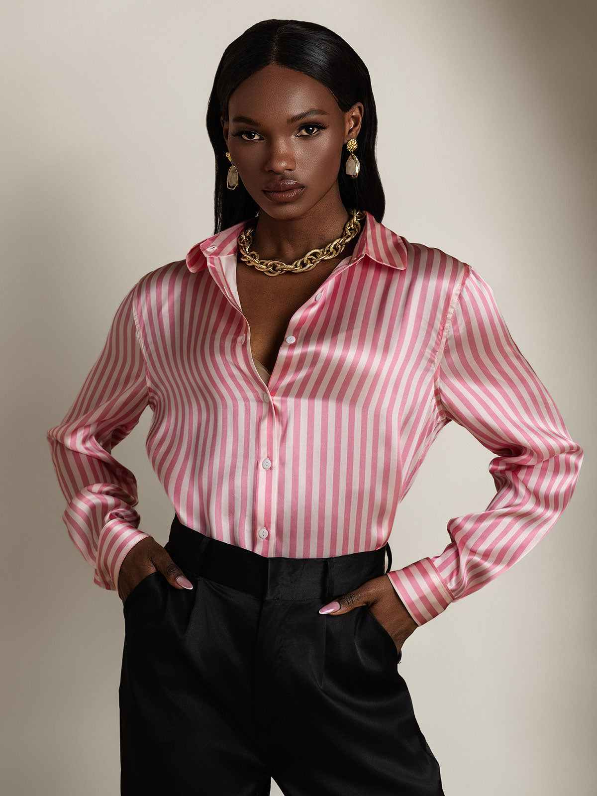 [Pink Stripe] SilkSilky-UK Silk Long Sleeve Collar Women's Shirt 008