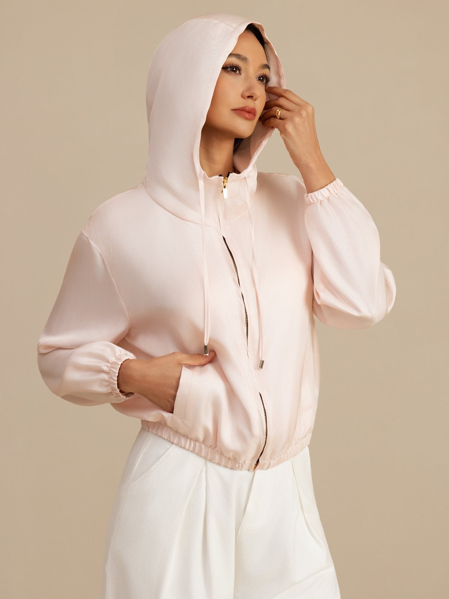 [Pink] SilkSilky-UK 18Momme Silk Satin Surah Long Sleeve Stand Collar Women's Outerwear 001