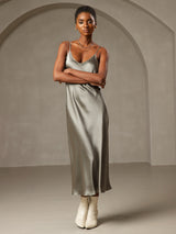 [Grayish Green] SilkSilky-UK Spaghetti Strap V Neck Nightdress 001