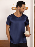 SilkSilky UK Pure Silk Short Sleeve V Neck Men's T Shirt DarkBlue 005