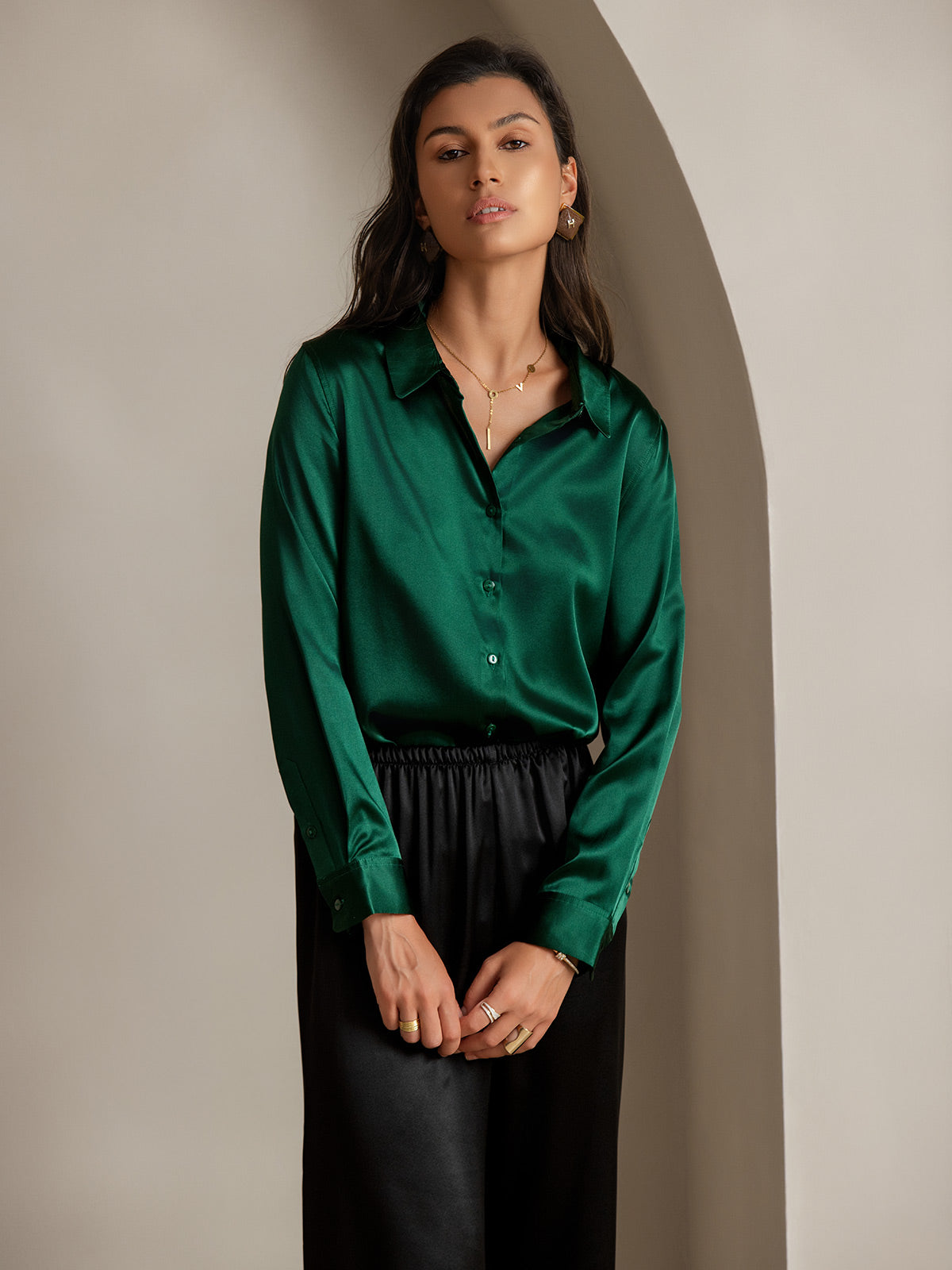[Dark Green] SilkSilky-UK Silk Long Sleeve Collar Women's Shirt 001