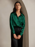 SilkSilky-UK Silk Long Sleeve Collar Women's Shirt DarkGreen 001