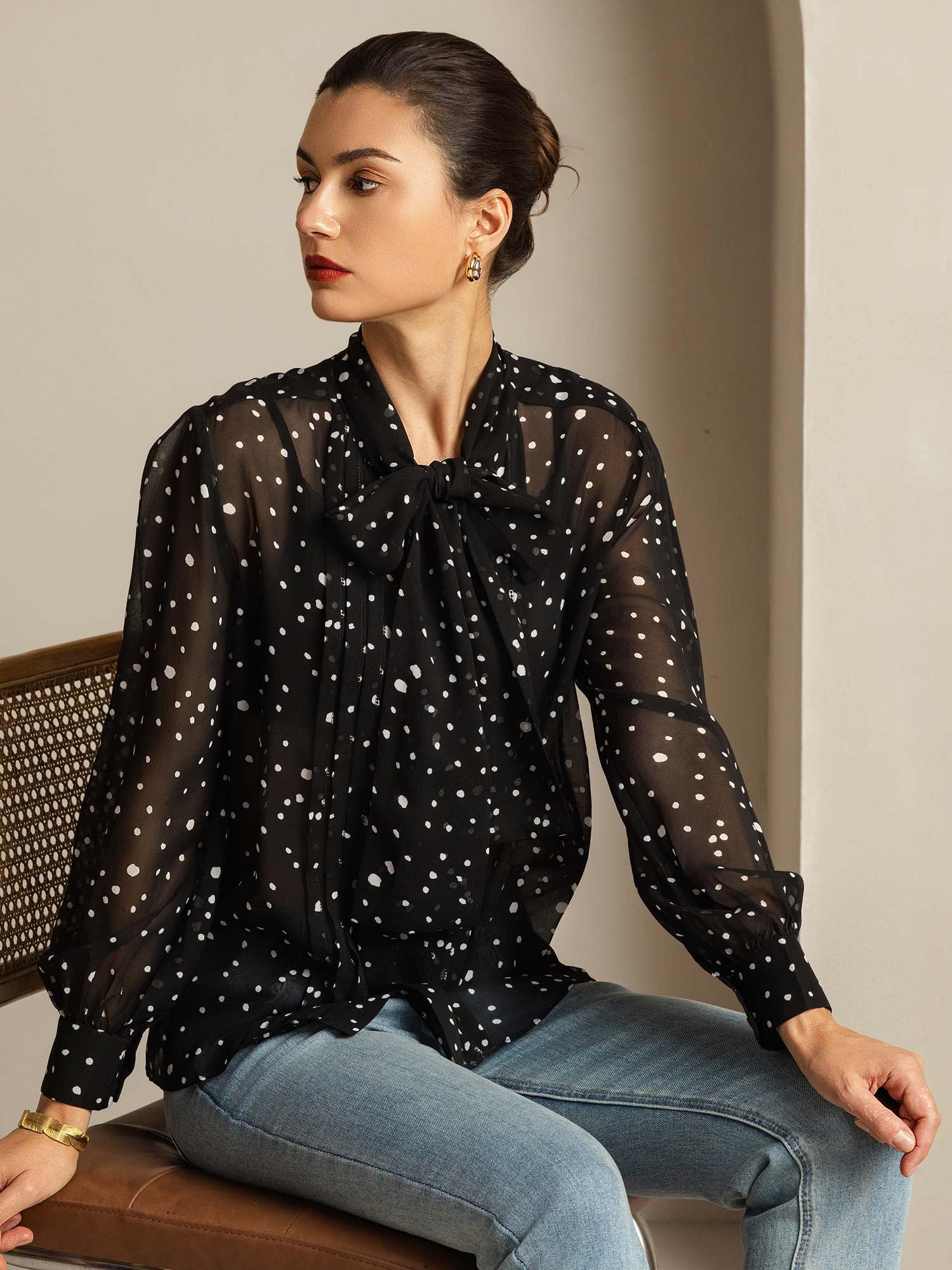 [PolkaDot] SilkSilky-UK Pure Silk Tie Neck Women's Shirt 001