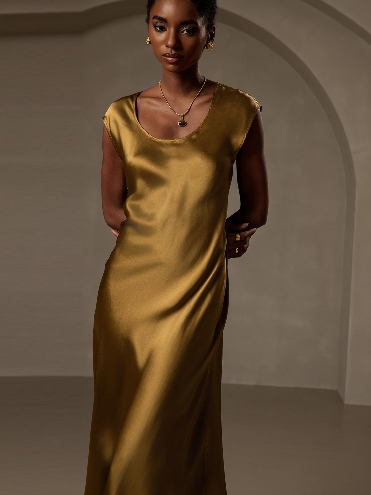 [Brown] SilkSilky-UK 19Momme Silk Cap Sleeve Round Neck Dress 003