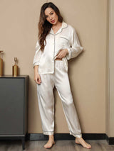 [White] SilkSilky-UK Long Sleeve Lapel Collar Women's Pyjamas 003