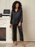 SilkSilky UK 22Momme Pure Silk Long Sleeve Womens Pajamas Black 003