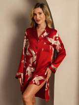 [Dark Red] SilkSilky-UK 19Momme Long Sleeve Notch Collar Nightshirt 008