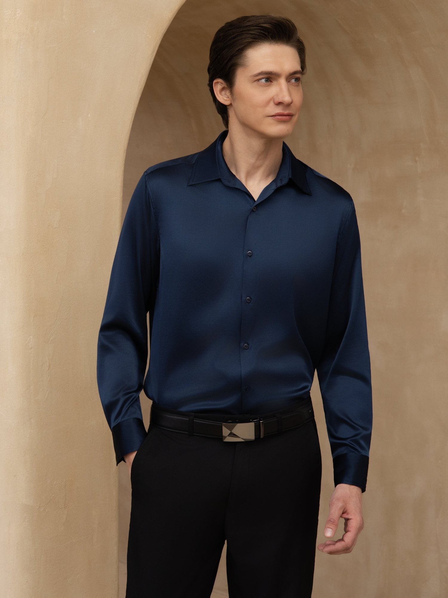 [Dark Blue] SilkSilky-UK 19Momme Stretch Silk Charmeuse Long Sleeve Lapel Collar Men's Shirt 005