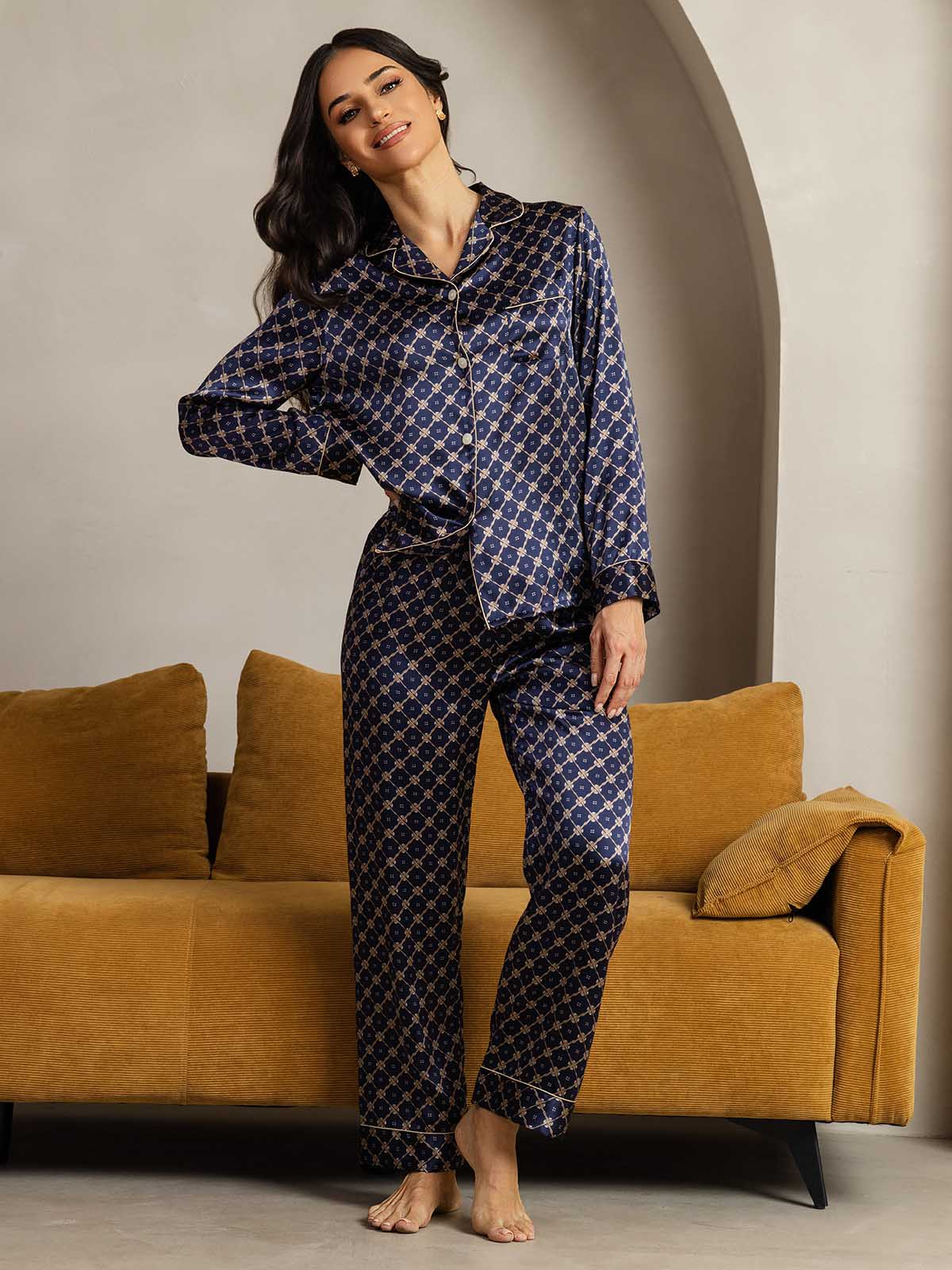 [Navy Chain] SilkSilky-UK Long Sleeve Lapel Collar Women's Pyjamas 002
