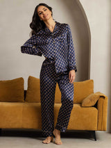 [Navy Chain] SilkSilky-UK Long Sleeve Lapel Collar Women's Pyjamas 002