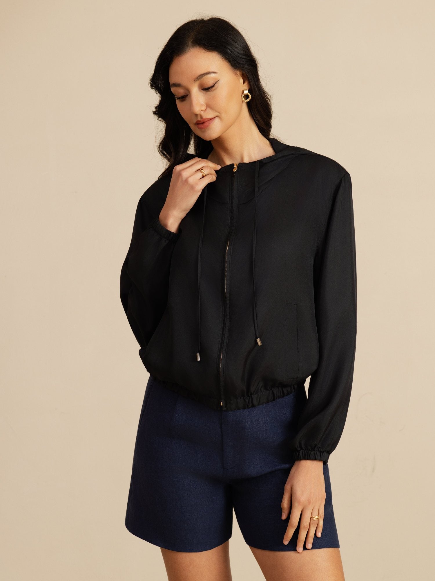 [Black] SilkSilky-UK 18Momme Silk Satin Surah Long Sleeve Stand Collar Women's Outerwear 004
