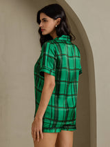 [Green Plaid] SilkSilky-UK Short Sleeve Notch Collar Women's Pyjamas 002