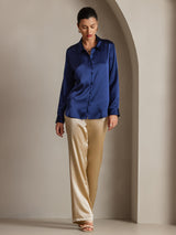 [Dark Blue] SilkSilky-UK Long Sleeve Lapel Collar Women's Shirt 005