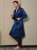 SilkSilky UK 19Momme Pure Silk Long Sleeve Lapel Men's Dressing Gown DarkBlue 005