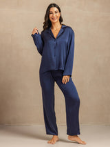 [Dark Blue] SilkSilky-UK 19Momme Machine-Washable Silk Long Sleeve Notch Collar Women's Pyjamas 006