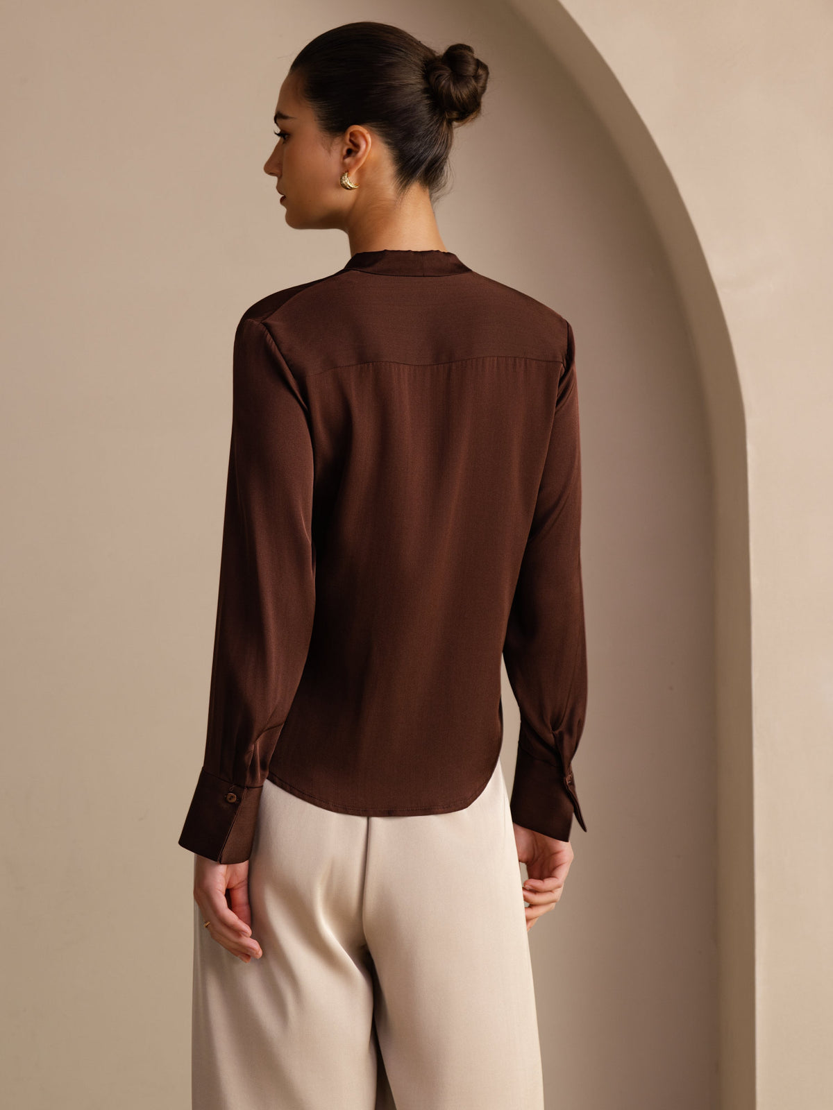 [Bitter Chocolate] SilkSilky-UK Long Sleeve Tie Neck Women's Blouse 002