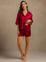 [Wine] SilkSilky-UK 19Momme Machine-Washable Silk Half Sleeve Notch Collar Women's Pyjamas 003