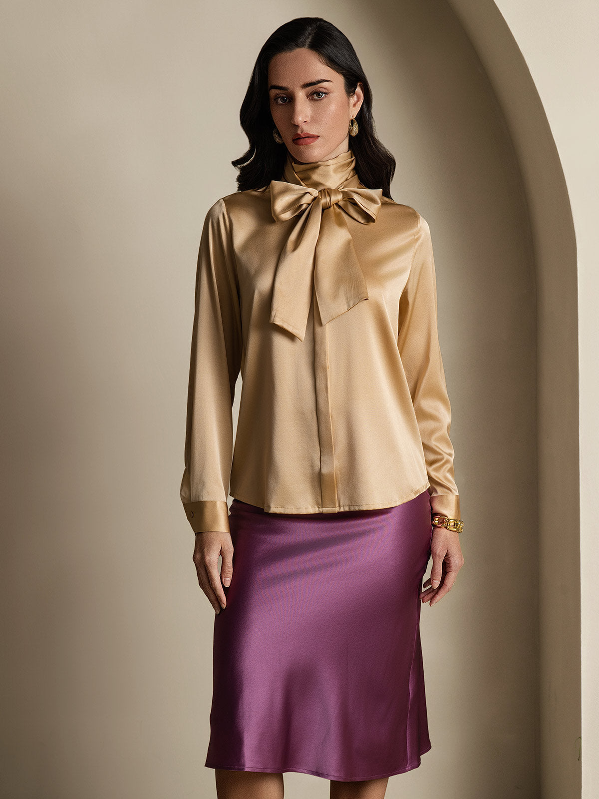 [Champagne] SilkSilky-UK 19Momme Silk Long Sleeve Tie Neck Blouse 001