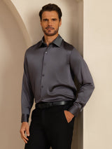 [Dark Gray] SilkSilky-UK 19Momme Stretch Silk Charmeuse Long Sleeve Lapel Collar Men's Shirt 006