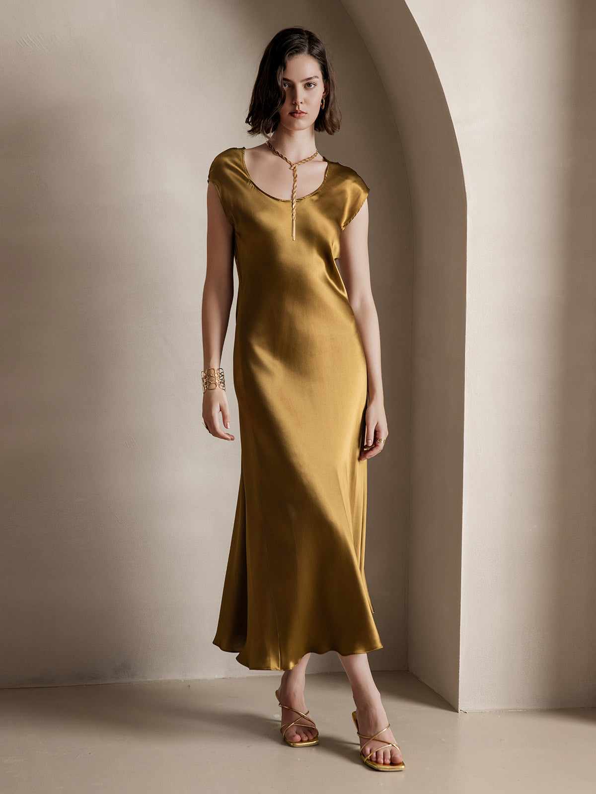 [Brown] SilkSilky-UK 19Momme Silk Round Neck Dress 005