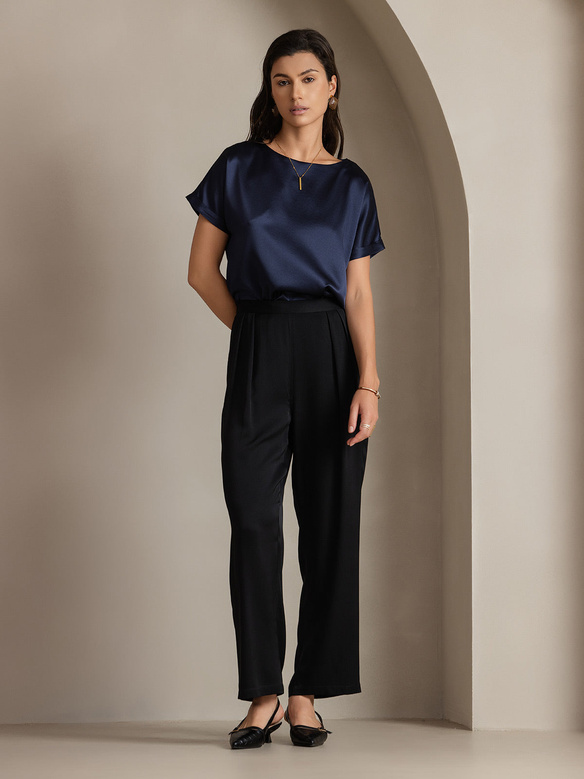 [Dark Blue] SilkSilky-UK 19Momme Silk Short Sleeve Round Neck Women's T-Shirt 004