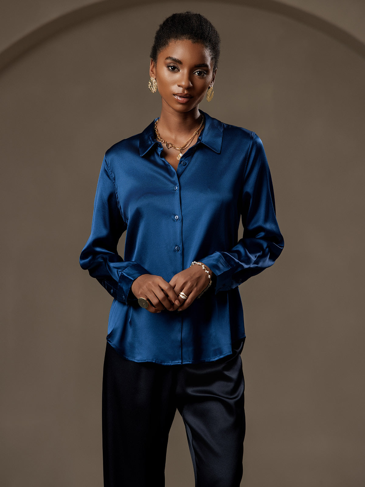 [Teal] SilkSilky-UK Silk Long Sleeve Collar Women's Shirt 003