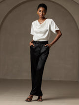 [White] SilkSilky-UK Short Sleeve Cowl Neck Women's Blouse 006